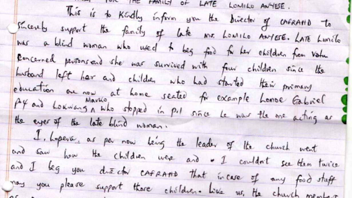A letter written in black pen in cursive handwriting on lined paper asks for help for a family of young children whose mother has died and whose father abandoned them.
