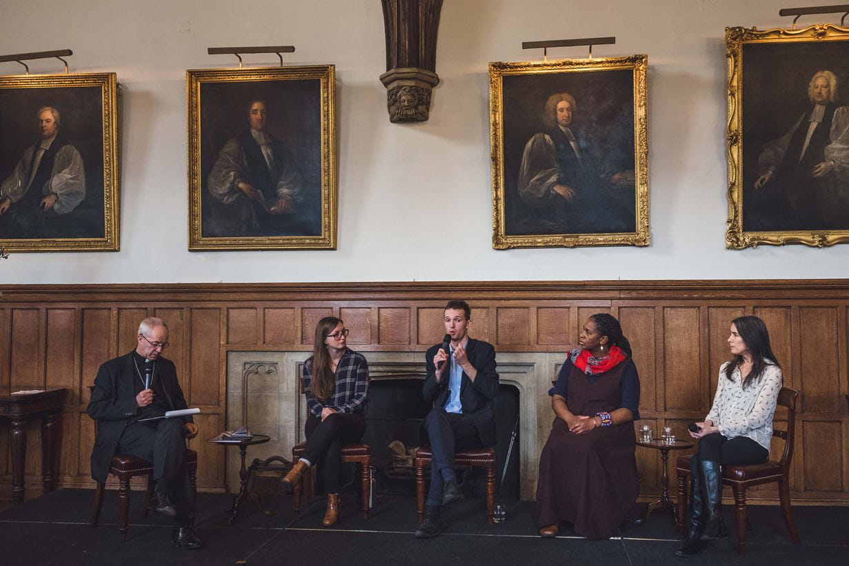 The campaign launch panel, L-R: Archbishop of Canterbury, Justin Welby; Natalie Davies; Dr Richard Millar, Committee on Climate Change; Ali Angus, St Leonard's Streatham; Dr Ruth Valerio, Tearfund Director of Global Advocacy & Influencing and author of Saying Yes to Life