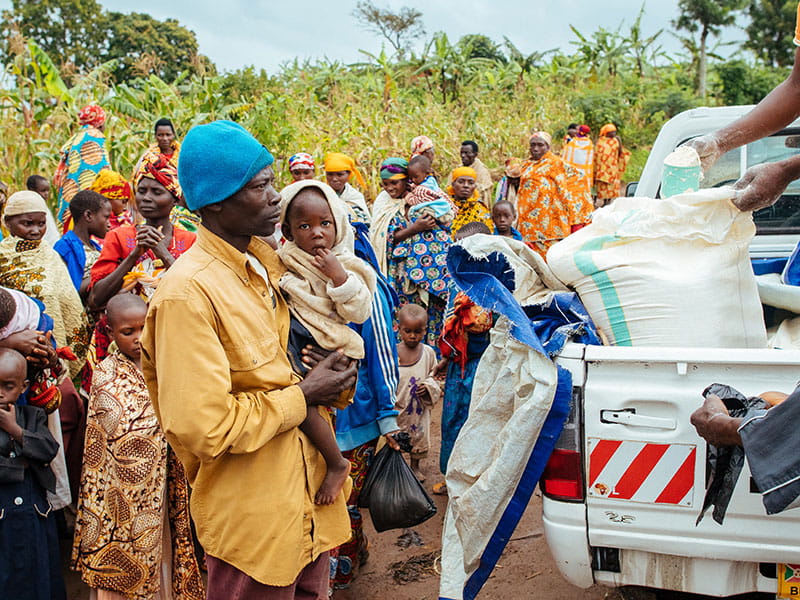 People gather to collect food