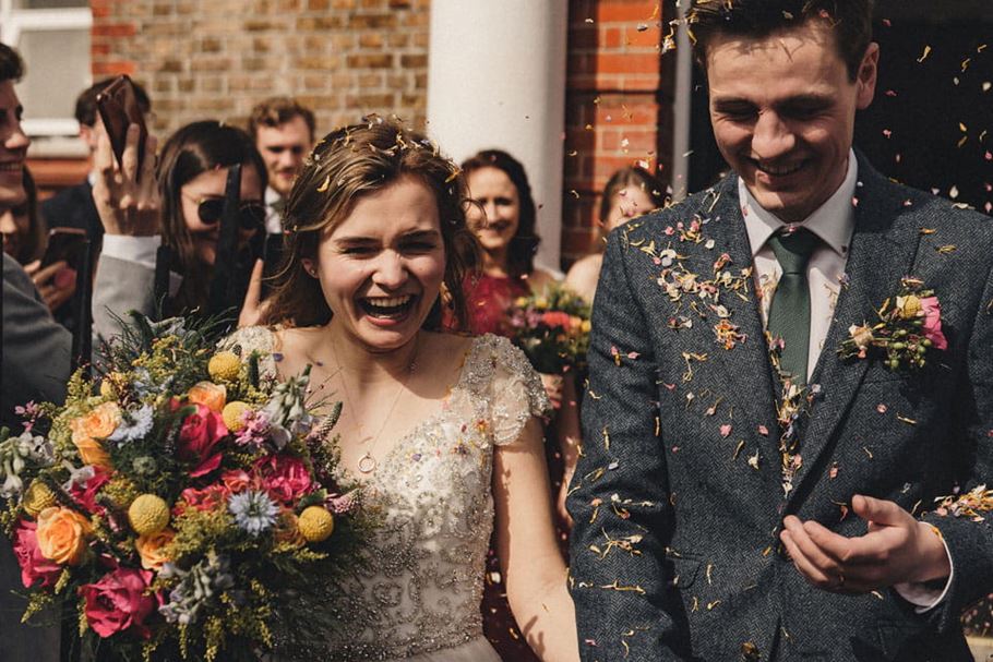 Martha Collinson's wedding with flying confetti