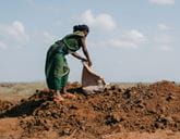 A woman is stood on a mound of soil on the ground and empties a sack of soil on top.