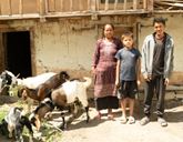Three people standing outside a building, next to them are several goats.