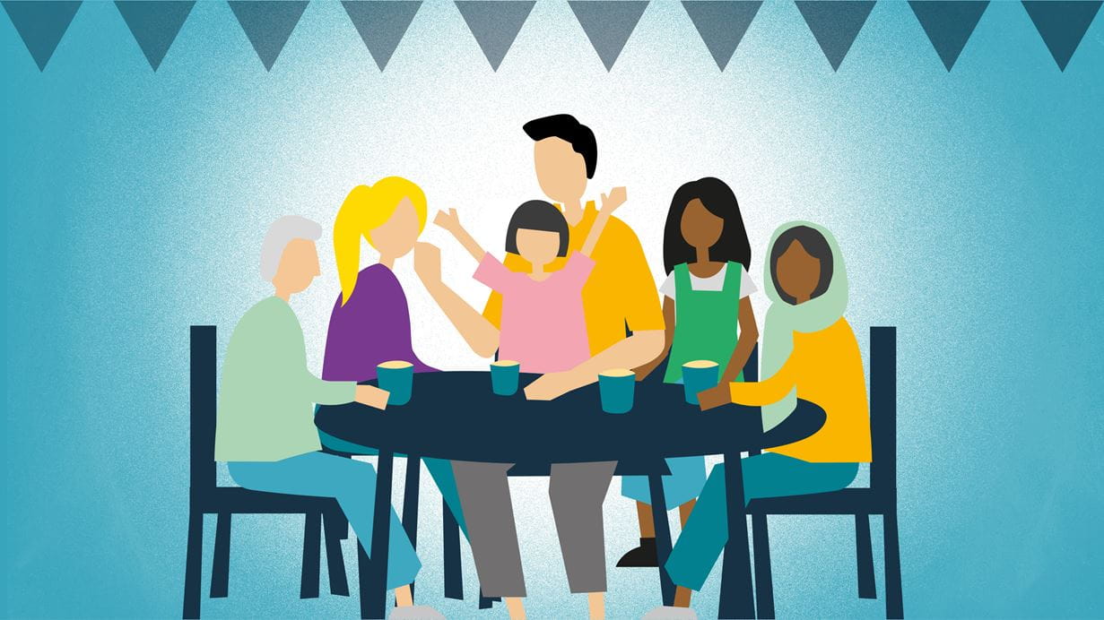 Illustration of a diverse group of people sitting around a table