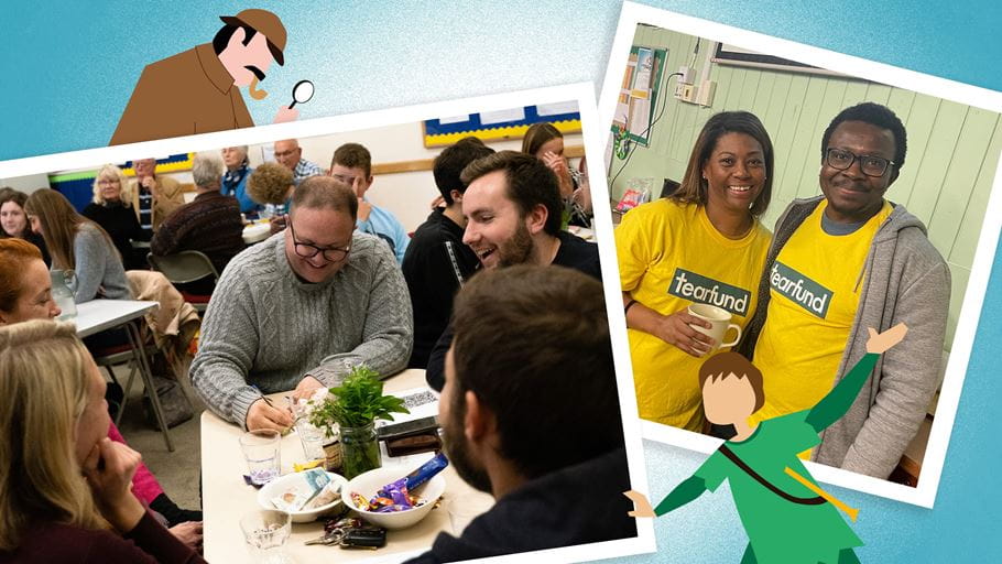 Photo 1 shows a group of people sitting around a table, actively engaged in a quiz game. The participants are holding pens and looking at the quiz sheets. In the background, there are other tables with people seated, indicating the presence of multiple teams participating in the quiz. The scene exudes a fun and competitive atmosphere with people laughing and enjoying the experience. Photo 2 shows a man and a woman wearing bright yellow Tearfund branded t-shirts, standing side by side and smiling at the camera. The man is on the right side of the image, wearing a jacket and the woman, who is standing next on the left, is holding a cup in her hands.  Illustrations of Sherlock Holmes and Peter Pan characters  are interacting with the photos on a blue background. The illustration depicts Sherlock Holmes in his classic detective attire, holding a magnifying glass and a smoking pipe, while Peter Pan is shown in green flying with his arms open and carrying a musical golden pipe. 