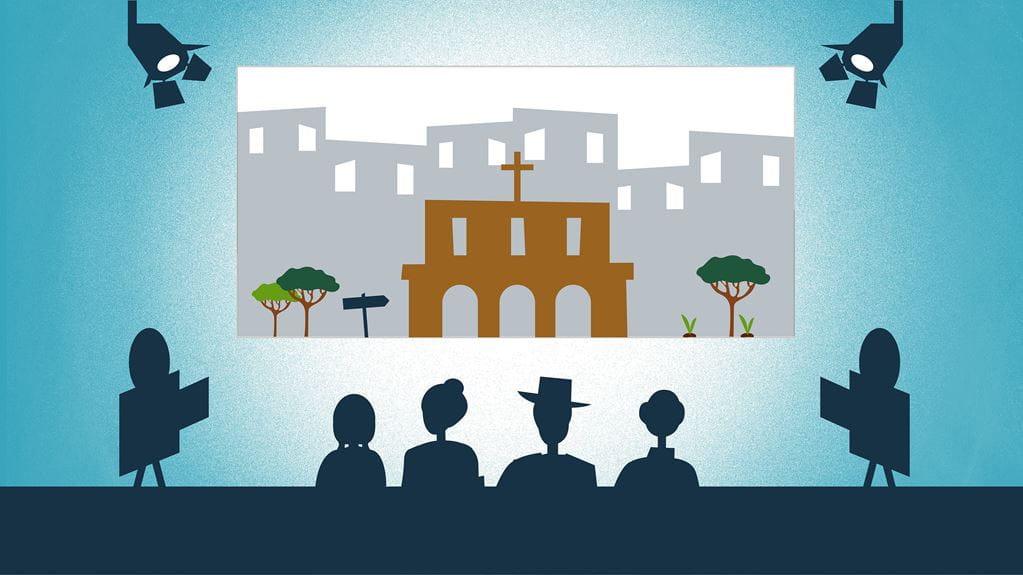 Illustration with a blue background showing four people seated in a dark room, similar to a cinema. They are watching a film projected onto a screen. The film shows a church in a city. The church is prominent in the foreground with some tress around it and a sign showing the way to the entrance. The screen is illuminated by two spotlights. Two film projectors are visible, indicating that the film is being projected from them.