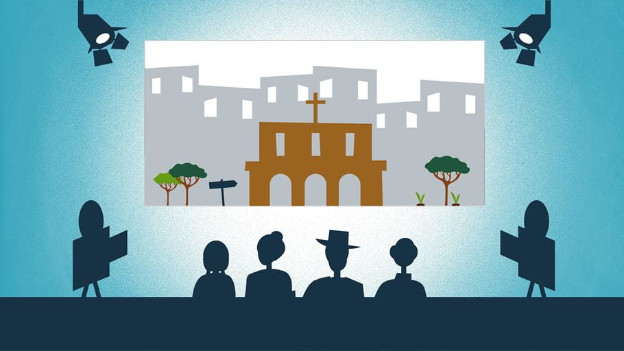 Illustration with a blue background showing four people seated in a dark room, similar to a cinema. They are watching a film projected onto a screen. The film shows a church in a city. The church is prominent in the foreground with some tress around it and a sign showing the way to the entrance. The screen is illuminated by two spotlights. Two film projectors are visible, indicating that the film is being projected from them.