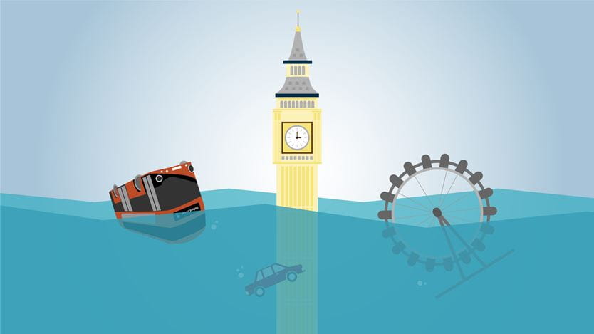 An illustration of a London bus, a car, Big Ben and the London Eye submerged in water
