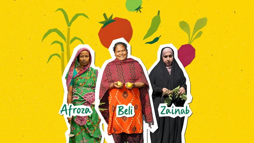 Three women are depicted against a bright yellow background decorated with stylised illustrations of crops. From left to right: Afroza, in a green patterned dress and pink headscarf; Beli, smiling and holding two yellow fruits, wearing red patterned clothing; and Zainab, in a black abaya and light pink head covering, holding green leafy vegetables.