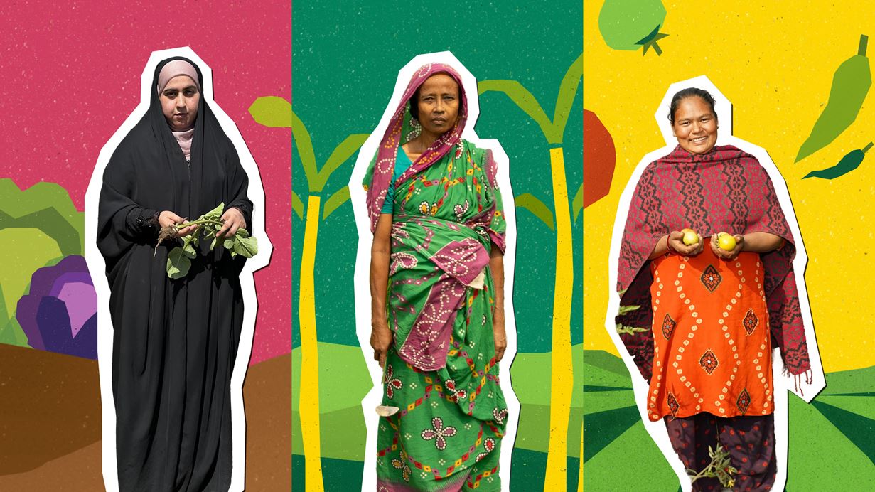 Three women from diverse communities are shown against colourful, abstract backgrounds. One, in a black abaya, holds leafy greens; the next, in a green saree; and the third, smiling in an orange tunic, holds two yellow lemons.