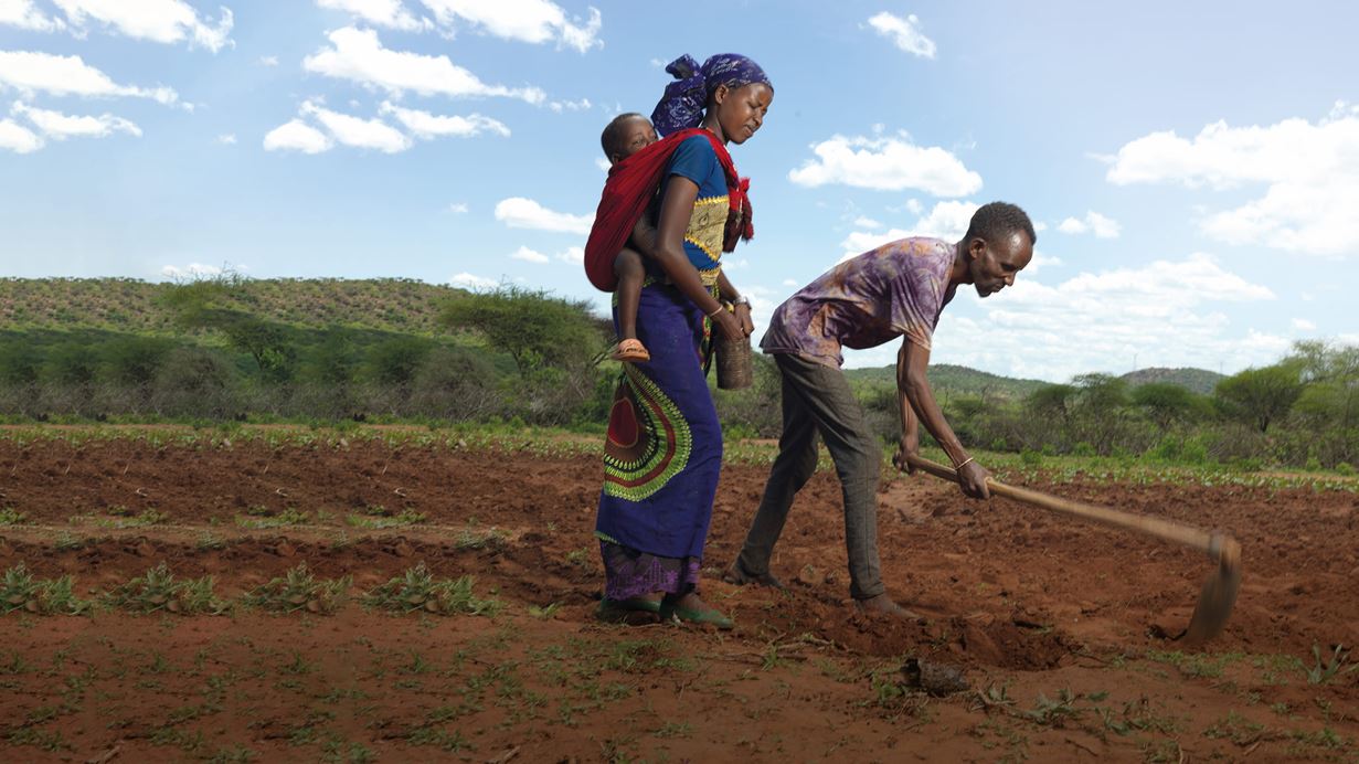 In a field, a woman holds a tin can, with her child in a sling on her back, while a man is digging into the ground 