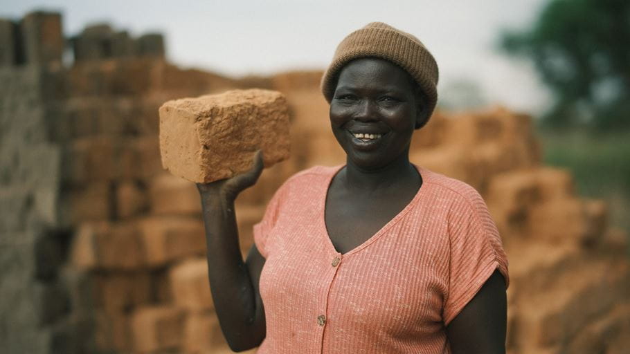 A woman holding a brick smiling