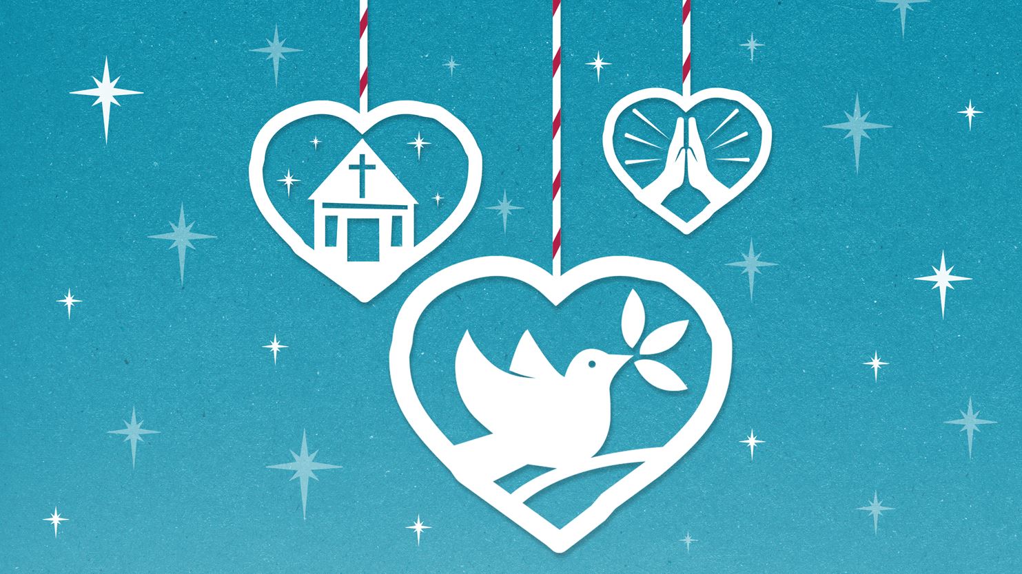 Illustration of three hanging Christmas decorations, one in the shape of a church, one in the shape of a dove and one in the shape of hands in a prayer postion.