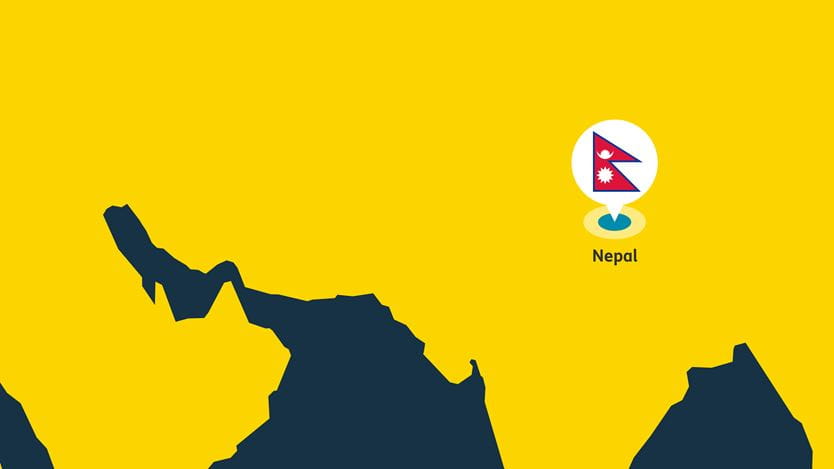 Stylised map showing a dark blue silhouette of part of Asia on a yellow background. A map pin marks Nepal, displaying the red and blue Nepalese flag and the country's name.