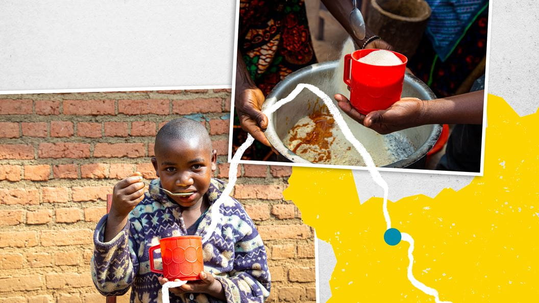 A composite image showing a child eating from a red cup in the foreground, sitting in front of a brick wall and wearing a patterned sweater. Above, an inset photo shows hands pouring flour into a red cup over a large metal bowl. A stylized yellow map with a white line and a blue dot overlays part of the lower right corner.