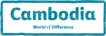 A stamp graphic that says "Cambodia, World of Difference"