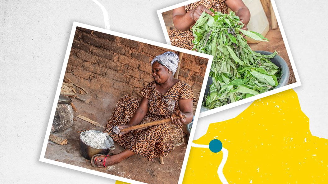 Two polaroid style photos overlap on a light grey and yellow graphic. The photo on top shows a woman sat on a stool, stirring a pot on the ground with a large wooden stick. The photo behind shows a woman holding lots of green leaves above a bowl.