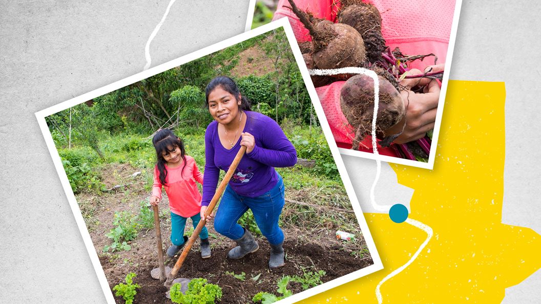 A woman and a child gardening