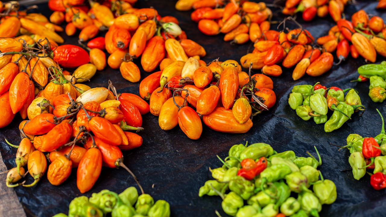 Small orange and green vegetables laid out