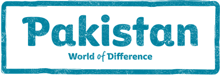 A stamp style graphic that says "Pakistan, World of Difference" in teal blue.