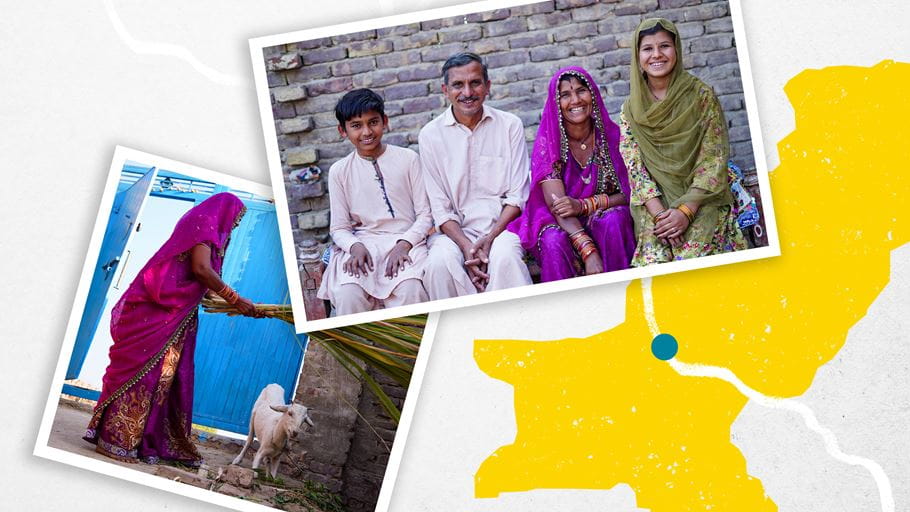 A collage of two polaroid style photos overlap slightly. One is a photo of a family sat on a bench, the other is of a woman dressed in a pink dress and headscarf holding long green stems. 