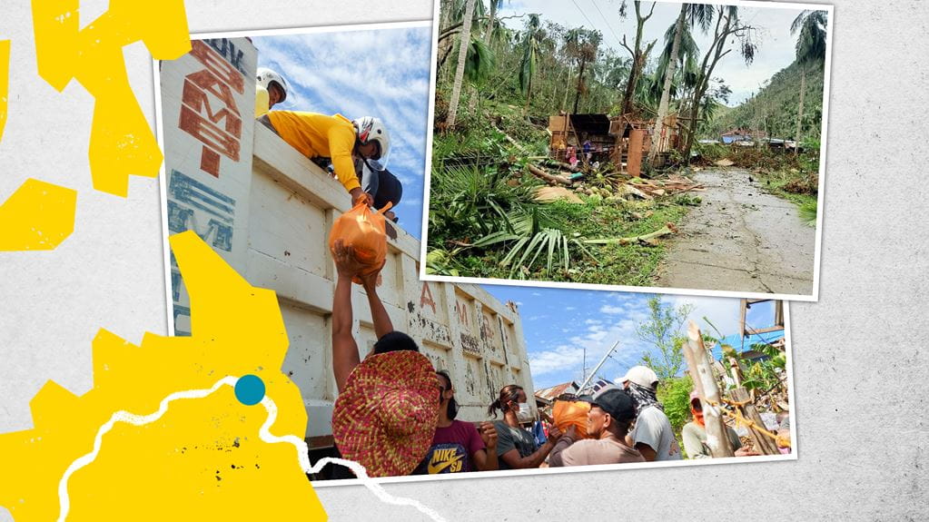 Two photos, first of people passing bags out of a truck to other people, second of a damaged home and knocked down palm trees