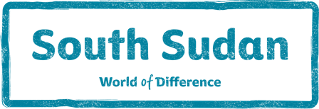 Text graphic stating "South Sudan, World of Difference" in a blue, worn frame.