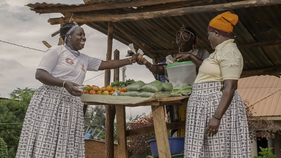 A woman wearing a white tshirt and long skirt smiles as she looks at a woman stood at a wooden stool with vegetables. Another woman behind the stool passes her a small bag.