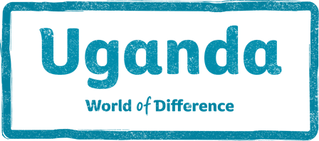 A stamp style graphic that says "Uganda, World of Difference" in teal blue.