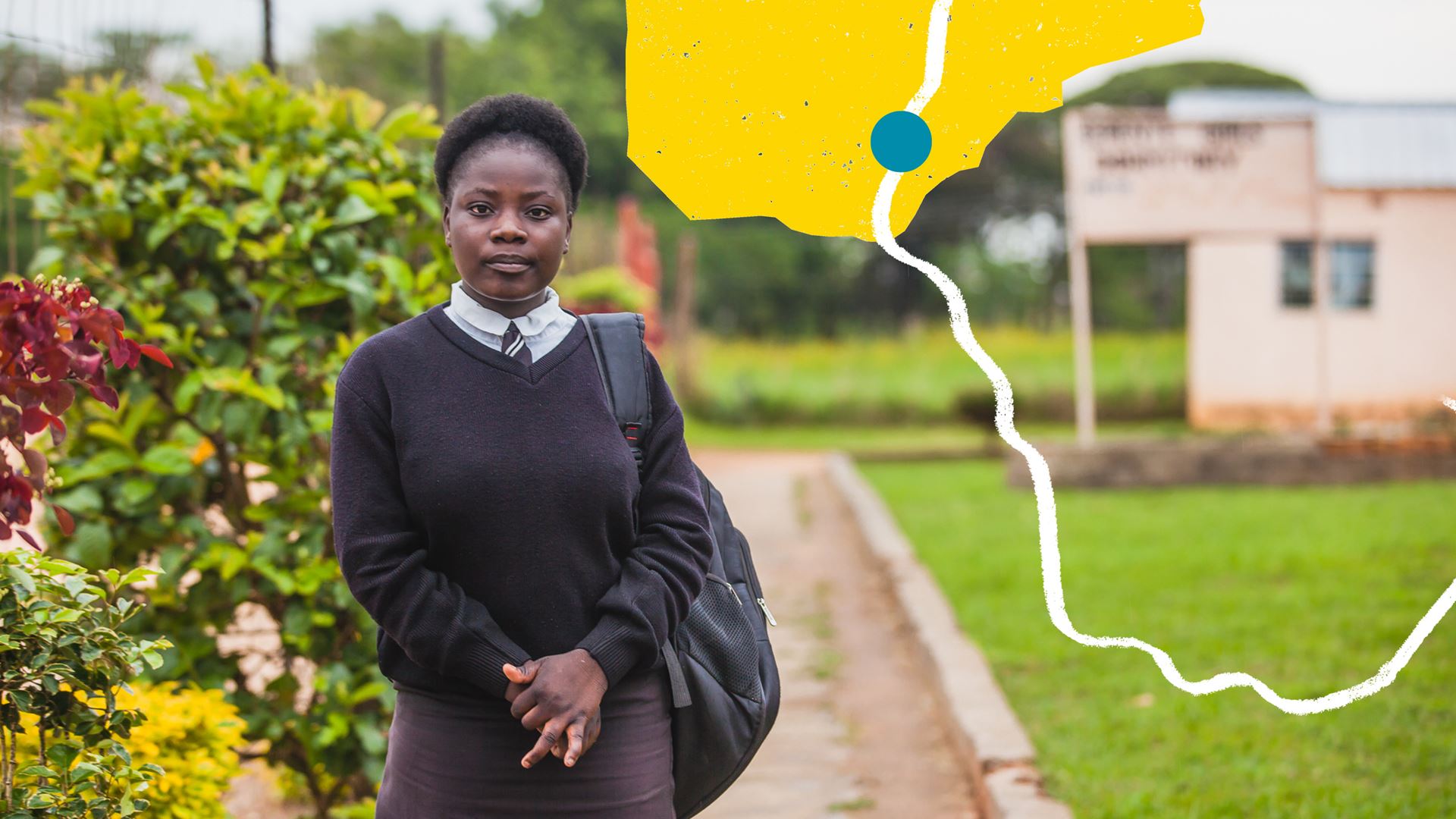 In the foreground, a student is dressed in uniform, with a backpack over one shoulder.  In the background there is a yellow graphic in the silhouette of Zambia.