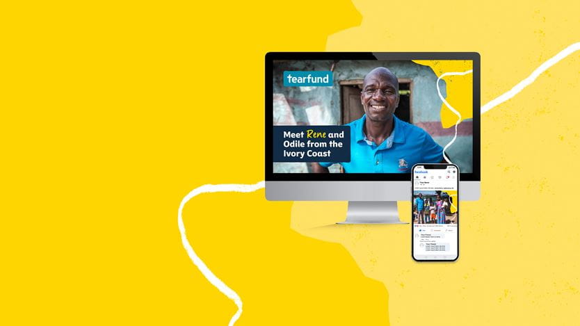 A yellow background with a white swirly line going across. In the foreground, a computer and a phone show Tearfund's church resources on the display screens.