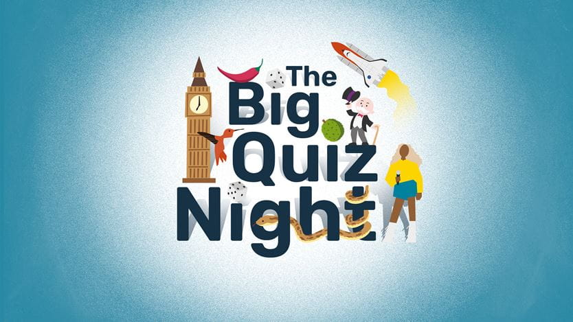 Illustration for 'The Big Quiz Night' with Big Ben, a rocket, dice, and other icons.