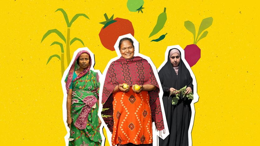 Three women are depicted against a textured yellow background with illustrated sugarcane, tomato, chillies, and radish. The woman on the left wears a green and pink patterned sari. The middle woman smiles, wearing an orange patterned dress and red shawl, holding two yellow fruits. The woman on the right wears a black abaya and light pink hijab, holding leafy green vegetables.