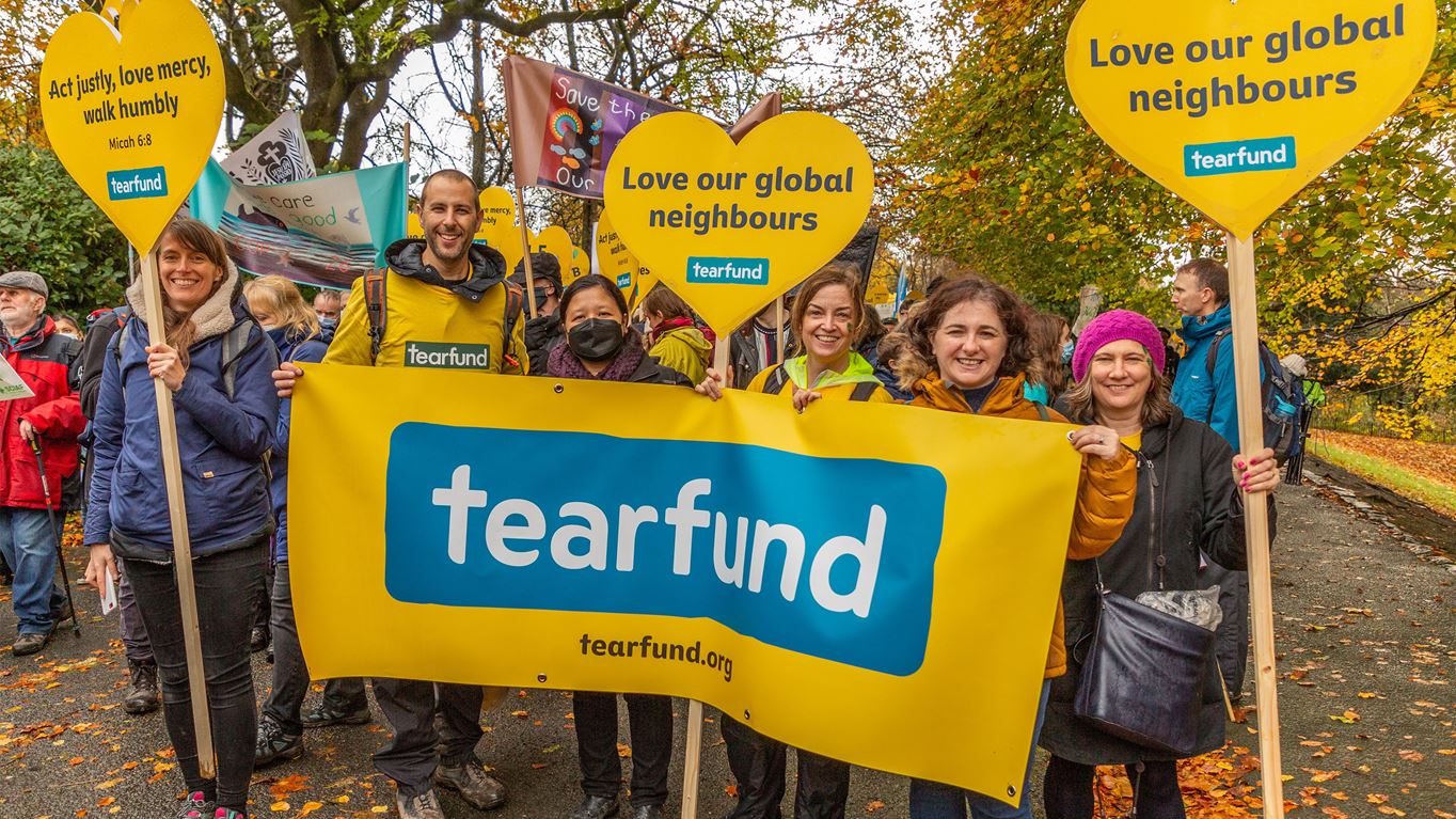 Tearfund staff marching in Glasgow for the COP26 Day of Action (Chris Hoskins/Tearfund)
