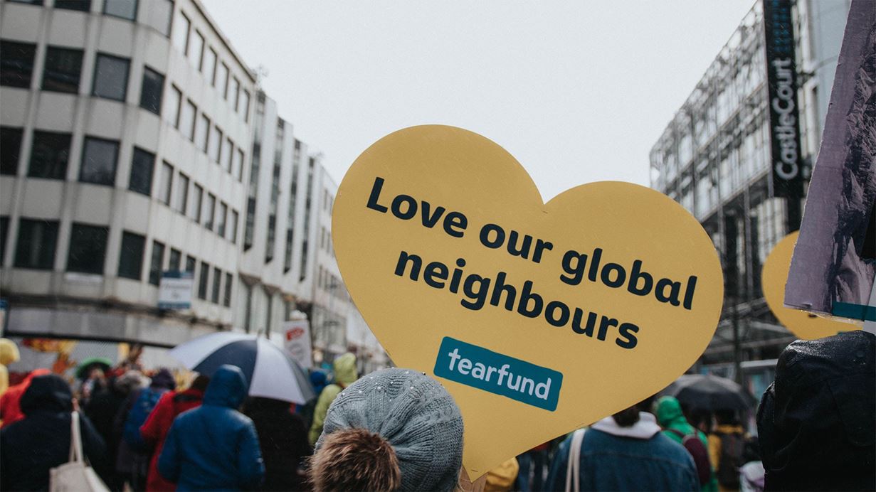 Tearfund supporters march on the streets of Belfast for the COP26 Day of Action. Credit: Suzanne Simpson/Tearfund