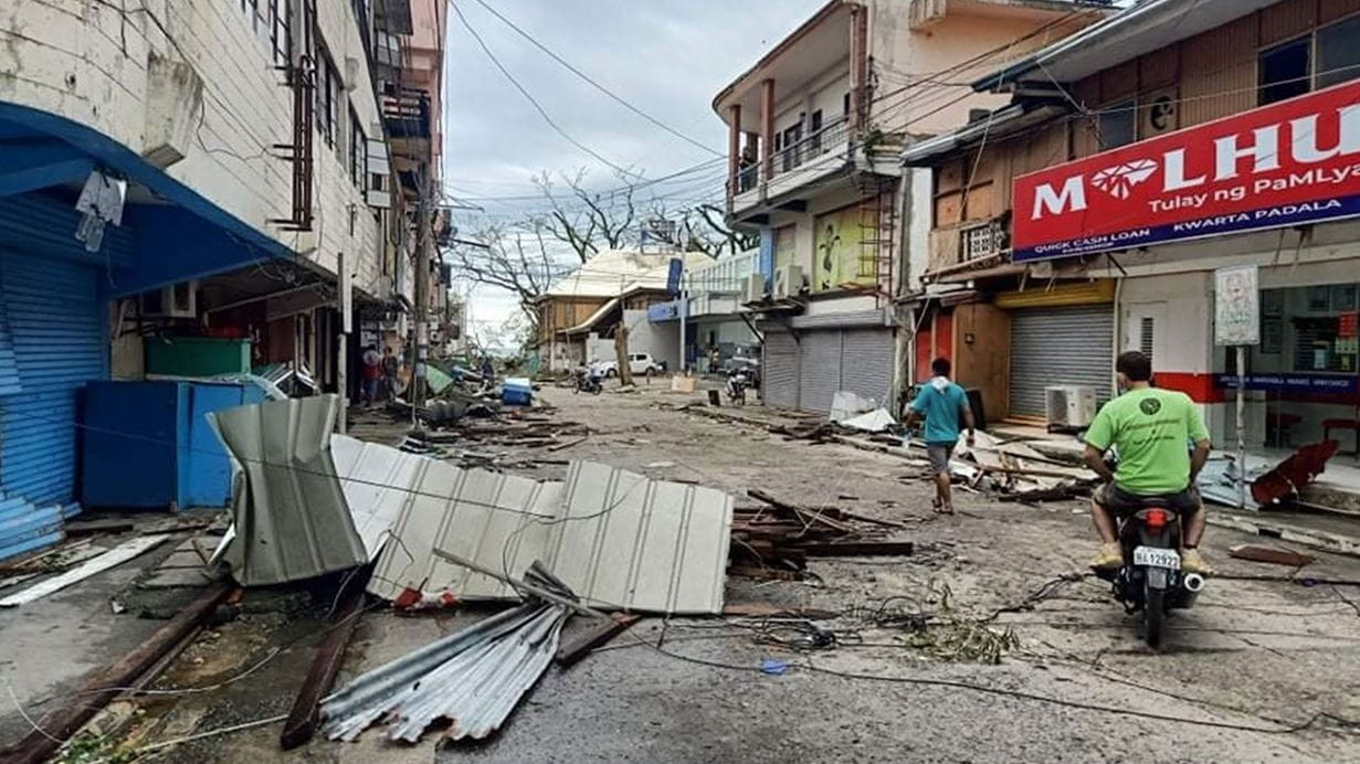 A street with debris after Typhoon Rai struck the Philippines in mid-December 2021