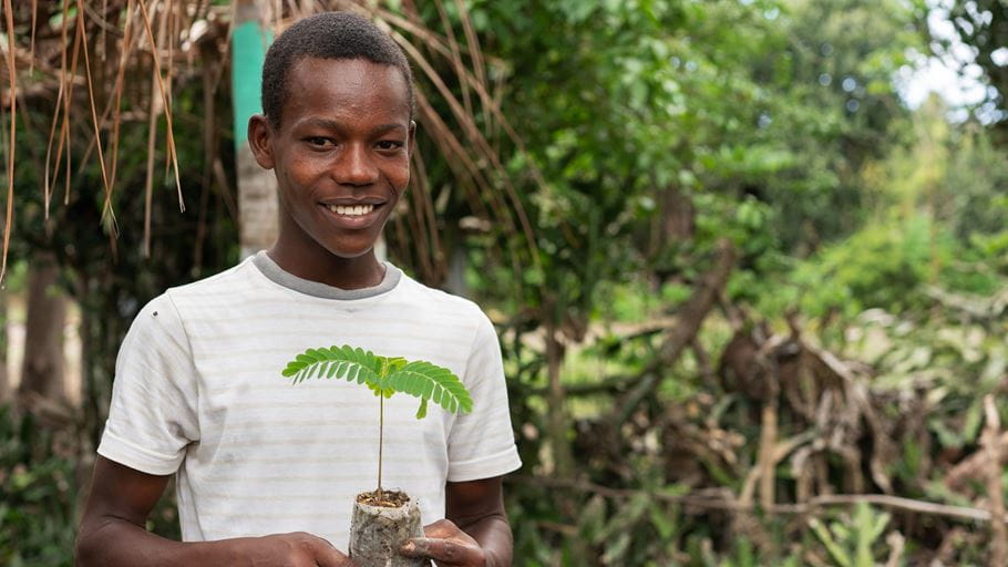 A smiling young man holding a potted plant with trees in the background