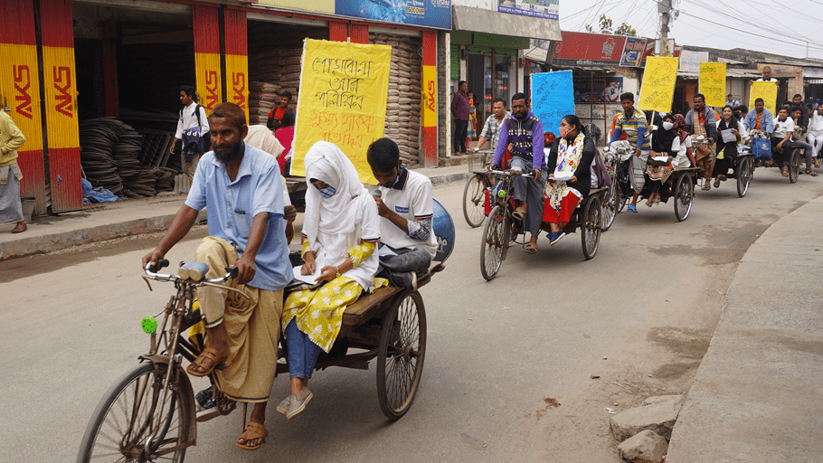 Young people hosting a rally in their neighbourhoods, setting out on tricycles to share their message and urge the community to reduce, reuse and recycle.
