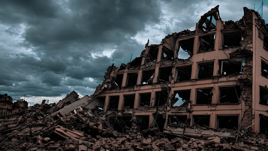 A burnt out skeleton of a shelled building in Ukraine