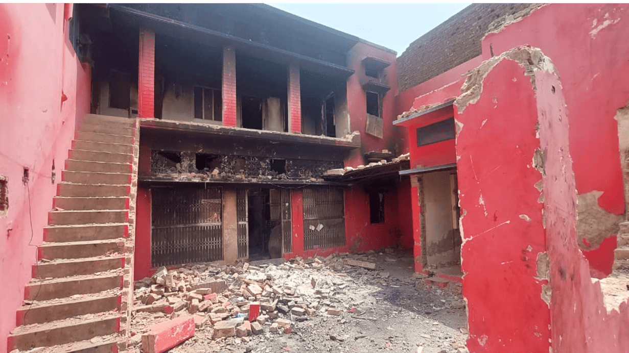 A burnt and destroyed building in Jaranwala, Faisalabad in Pakistan, where an enraged mob of around 600 people vandalised or torched 24 churches and over 500 Christian houses on Wednesday 16 August.