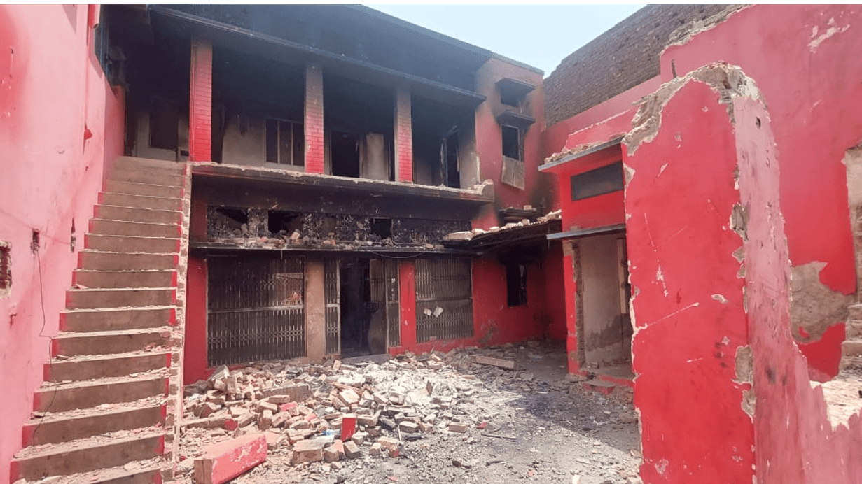 A burnt and destroyed building in Jaranwala, Faisalabad in Pakistan, where an enraged mob of around 600 people vandalised or torched 24 churches and over 500 Christian houses on Wednesday 16 August.