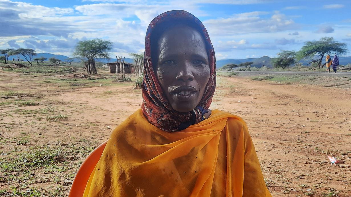 Woman standing with barren landscape behind her