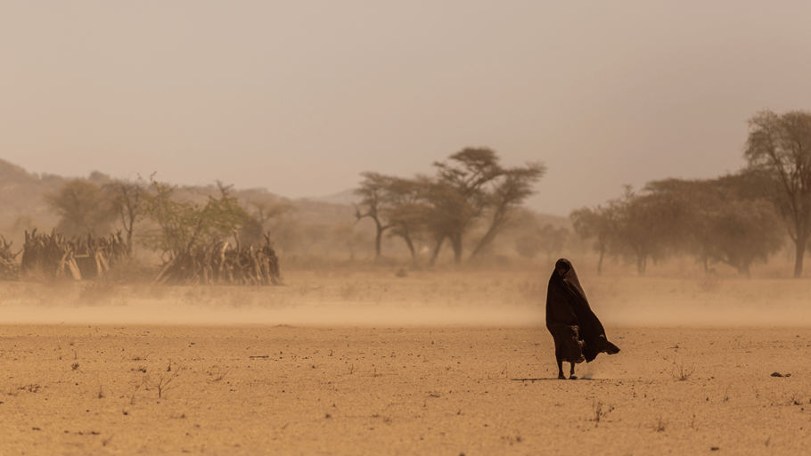 A woman dressed in black walks on arid land in Ethiopia.