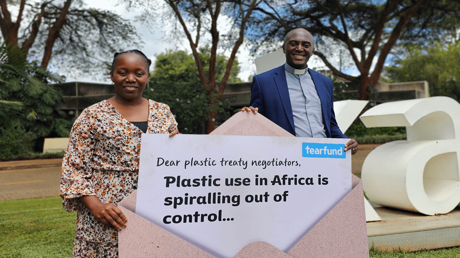 Rev Dennis, Tearfund campaigner and Coordinator of Green Anglicans and   Dr Tiwonge, ecologist and Tearfund campaigner from Malawi at the plastics treaty negotiations in Kenya. Credit: Jessica Bwali/Tearfund.