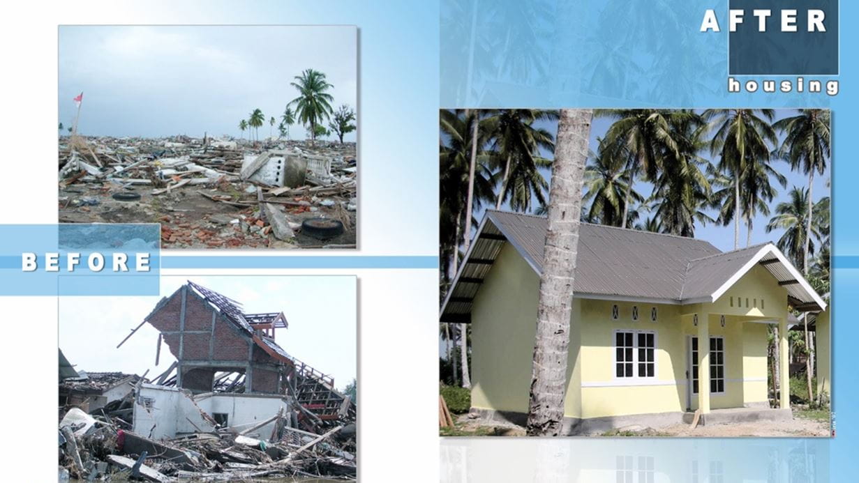 On the left, a house lies in ruins after the tsunami that struck on 26 December 2004. On the right is a neat, new house, built in the place of the destroyed one with the support of Tearfund.