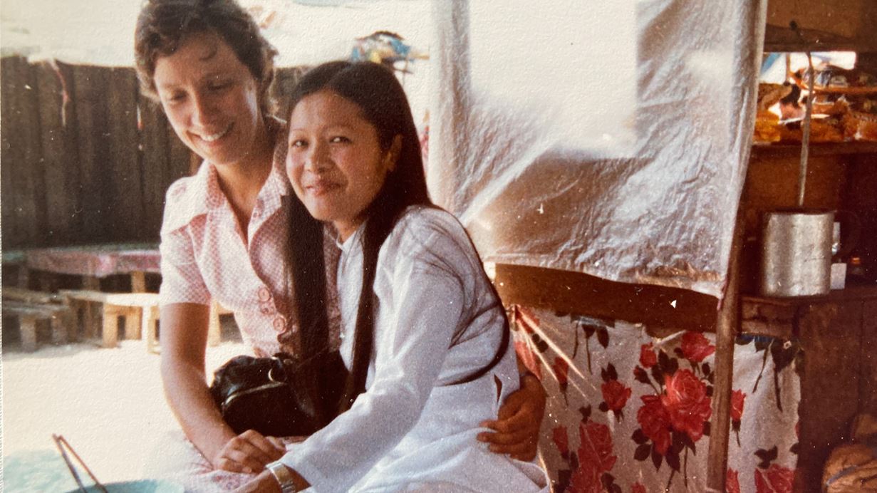 Margaret and her friend in the refugee camp in Thailand 40 years ago