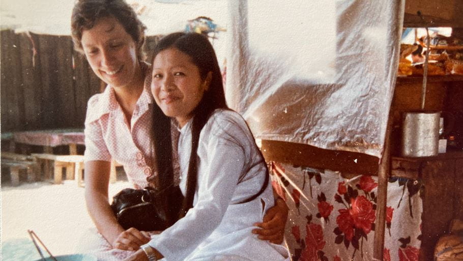 Margaret and her friend in the refugee camp in Thailand 40 years ago