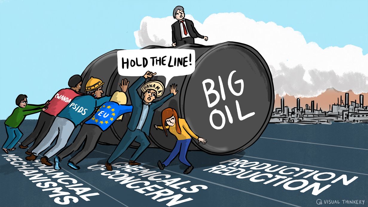 A cartoon drawing showing a man in a suit sitting on a large, rolling barrel that says 'Big Oil' that is being held back by several men and women of different nationalities.
