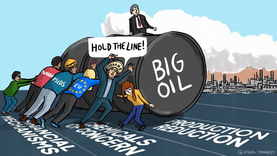 A cartoon drawing showing a man in a suit sitting on a large, rolling barrel that says 'Big Oil' that is being held back by several men and women of different nationalities.