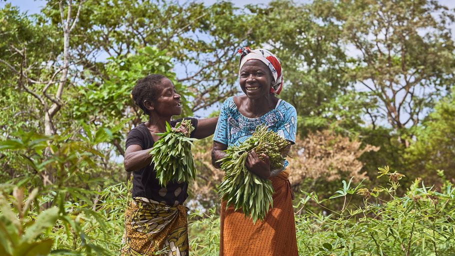 Two women gather crops together and smile as they stand next to eachother
