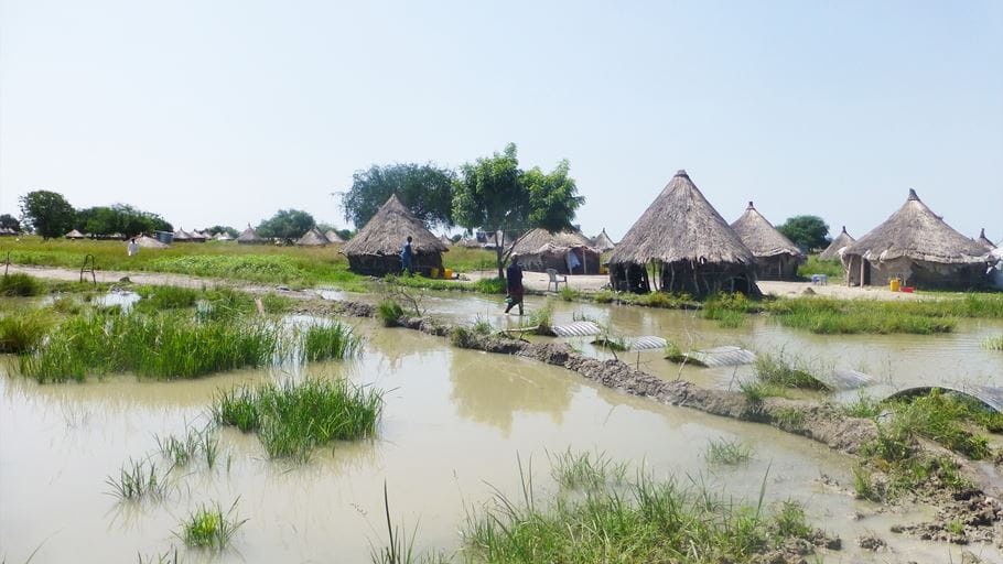 A rural landscape featuring several thatched huts surrounded by flooded fields with patches of grass, where individuals are engaged in agricultural activities under a clear blue sky.